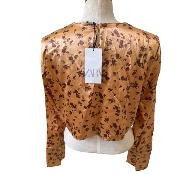 ZARA Floral print peach satin long sleeve Top L - Picture 3 of 7